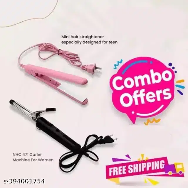 Mini Straightener & Hair Curler Combo, Multicolor, Set of 2