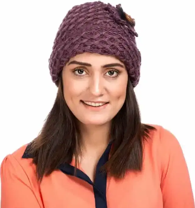 Women Woolen Fur Cap (Purple, Free Size) (BM017)