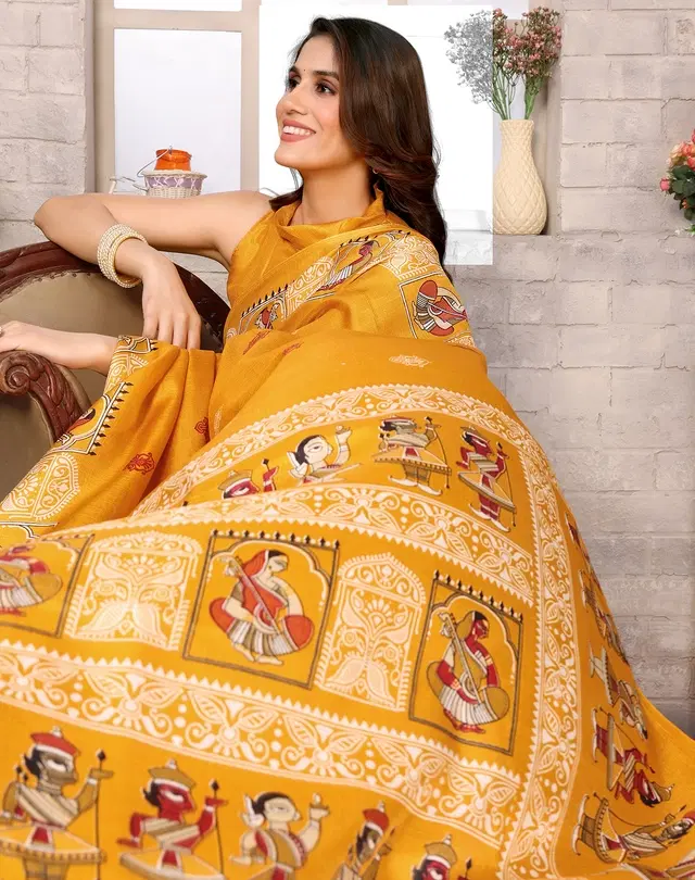 Printed Kalamkari Assam Art Silk Saree with Blouse for Women (Yellow, Free Size)
