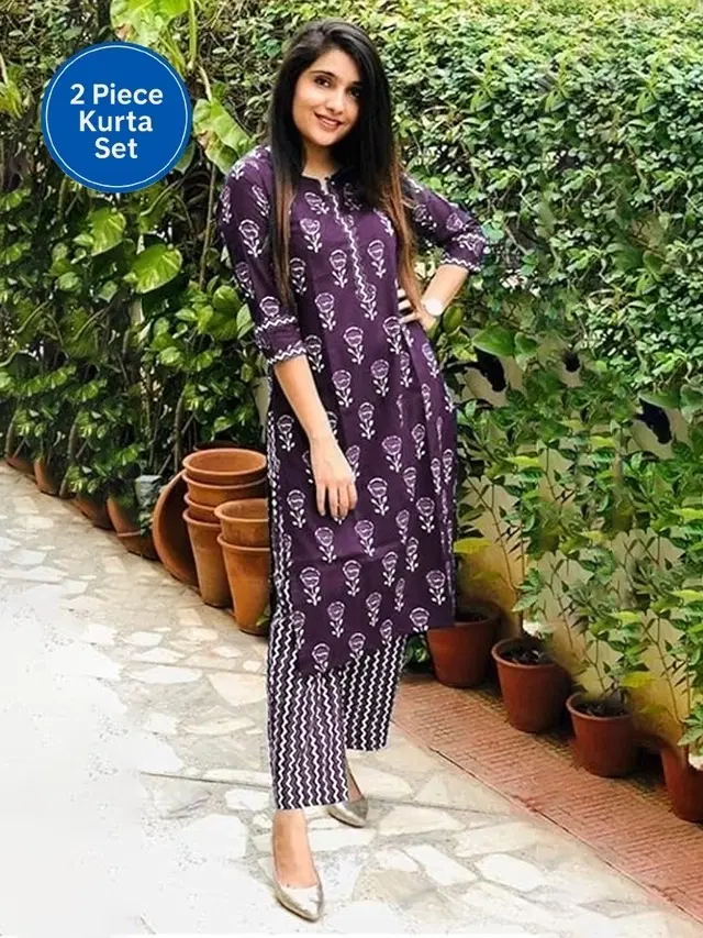 Cotton Block Print Women's Kurta with Pant Set, Purple (M)
