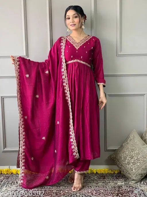 Embroidered Vichitra Silk Kurta Set for Women (Pink, S)