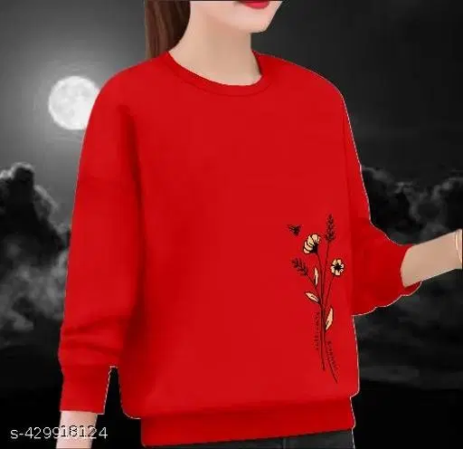 Cotton Printed Sweatshirt for Women (Red, XS)