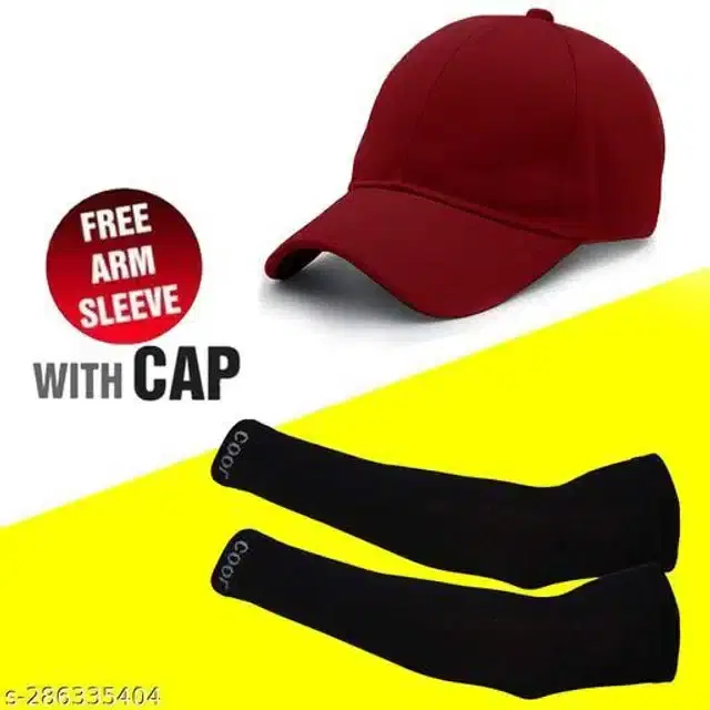 Cotton Arm Sleeves & Cap for Men & Women, Set of 2 (Black & Maroon)