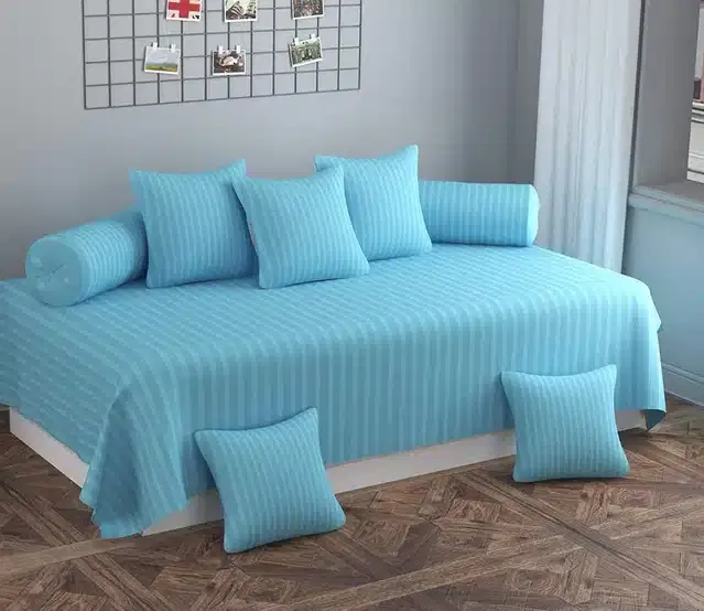 Cotton Striped Diwan Covers Set, Aqua Blue, Pack of 8