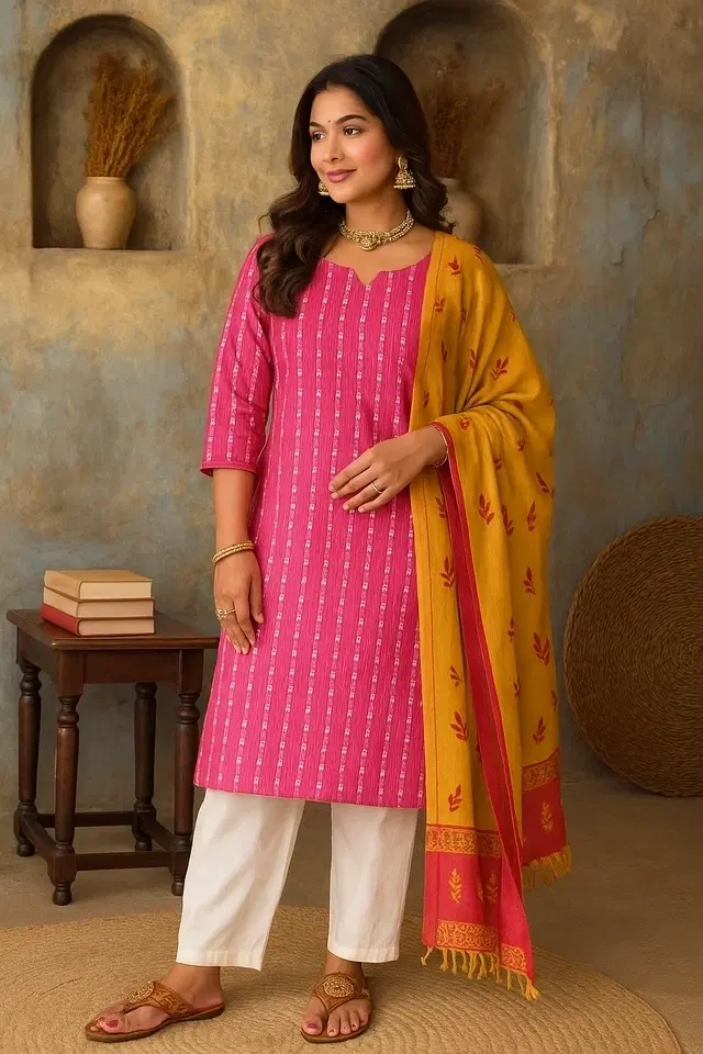 Cotton Blend Striped Kurti for Women, Pink (XL)