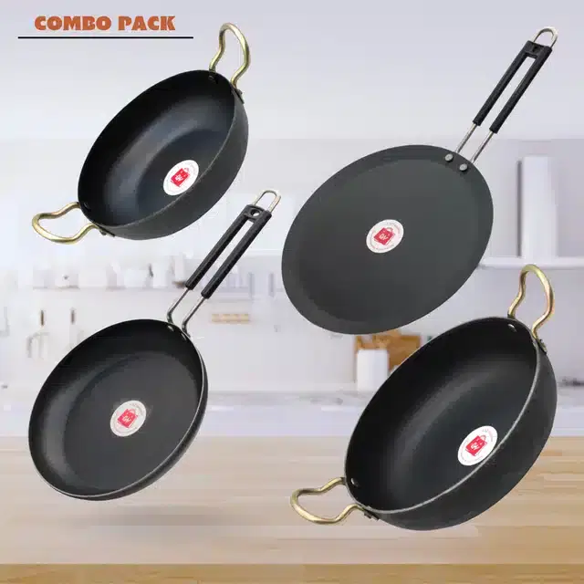 Frying Pan & Tawa Set, Pack of 4, Black, 1200 ml