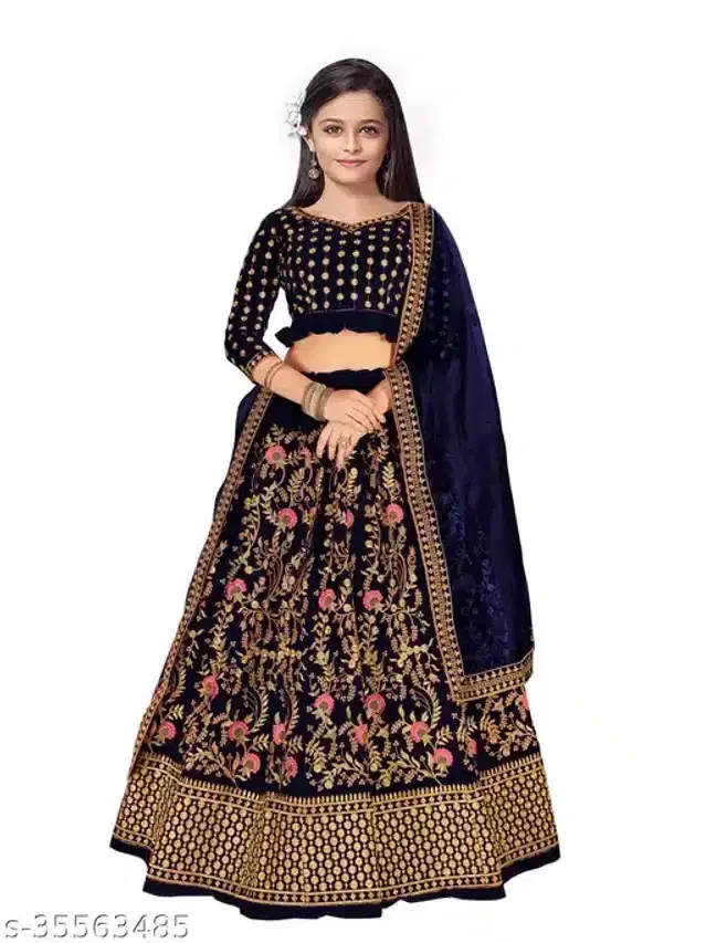 Net Embroidered Lehenga Choli with Dupatta for Girls (Blue, 15-16 Years)