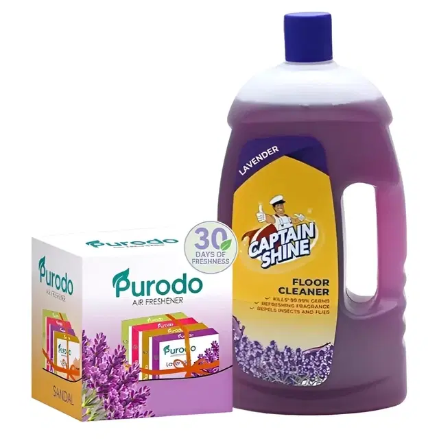 Captain Shine Disinfectant Floor Cleaner 1 L (Lavender) + Purodo Air Freshner Blocks- Lavender, Jasmine, Sandal & Rose (Pack of 4)