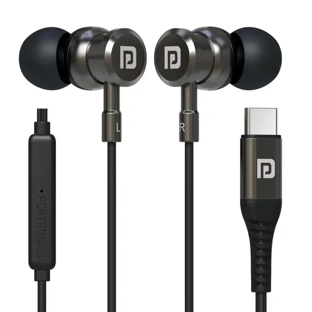 Portronics Type C Wired Earphones with Mic,1.2m Wire ,Grey
