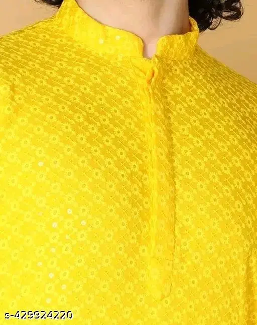 Embroidered Mandarin Neck Kurta for Men (Yellow, XXS)
