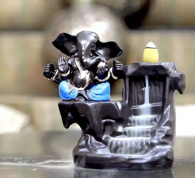 Ganesha Smoke Backflow Incense Holder with 10 Cones, Blue & Black