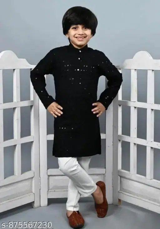 Sequin-Embellished Cotton Kurta Set for Boys (White, 7-8 Years)