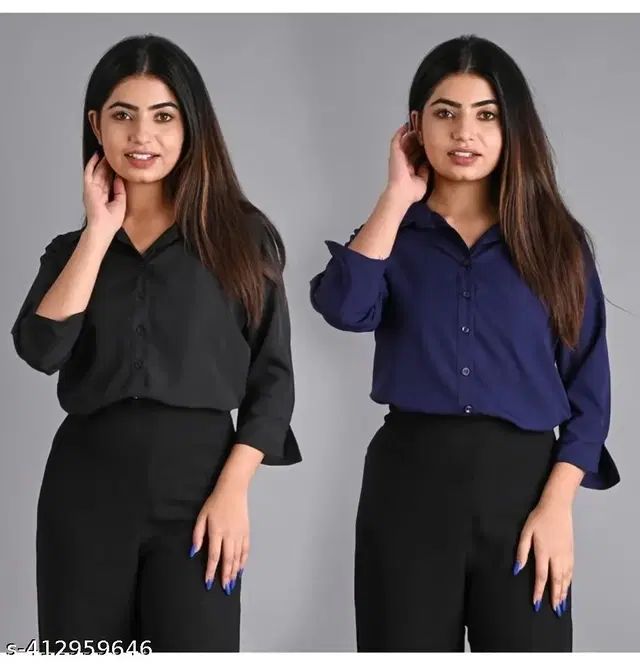Three-Quarter Sleeves Solid Shirt for Women, Pack of 2 (Black & Royal Blue, XXL)