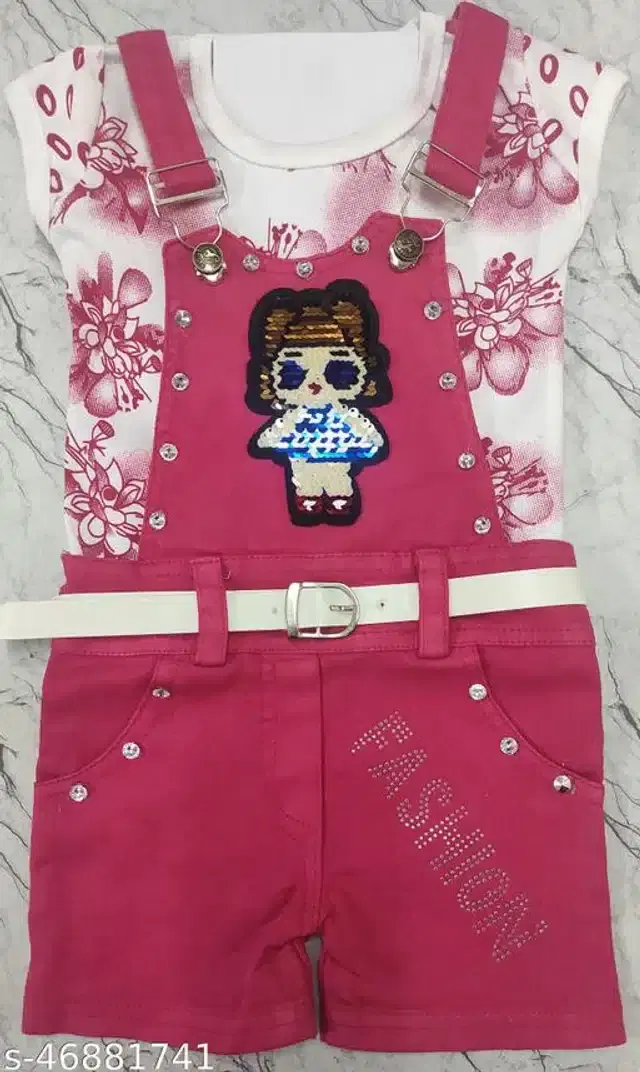 Denim Sleeveless Dungaress for Girls (White & Pink, 9-12 Months)