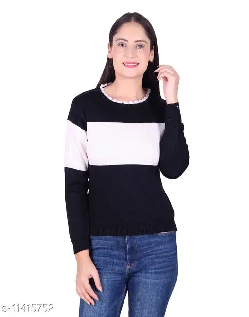 Acrylic Striped Sweater for Women (Black & White, M)