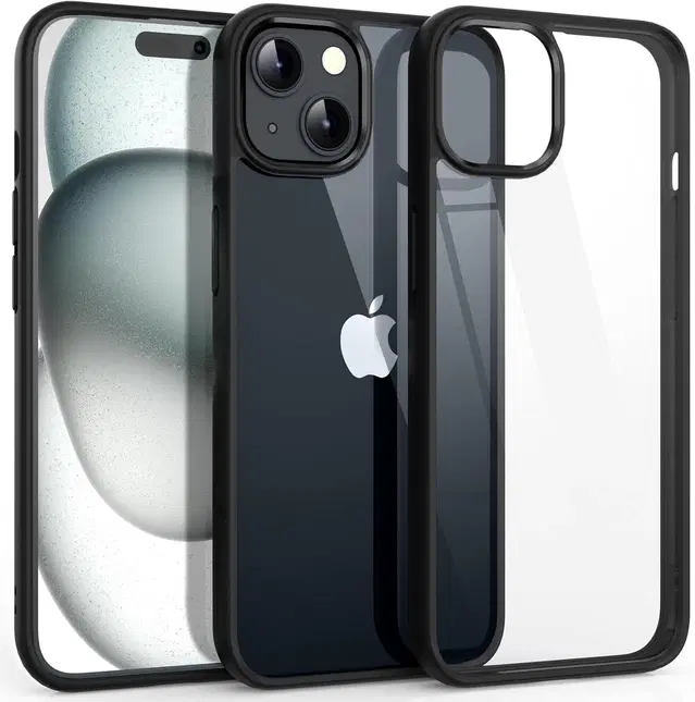 Polycarbonate Transparent Hybrid Hard Bumper Mobile Back Cover for Apple iPhone 15, Black