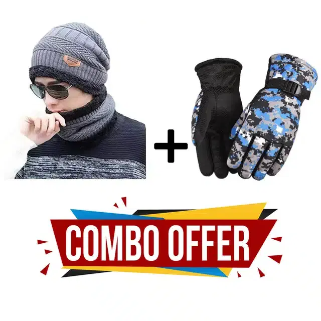 Beanie Cap with Neck Warmer & Gloves for Unisex, Set of 3 (Multicolor)