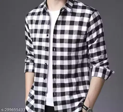 Checkered Casual Polycotton Shirt for Mens ,Black & White (M)