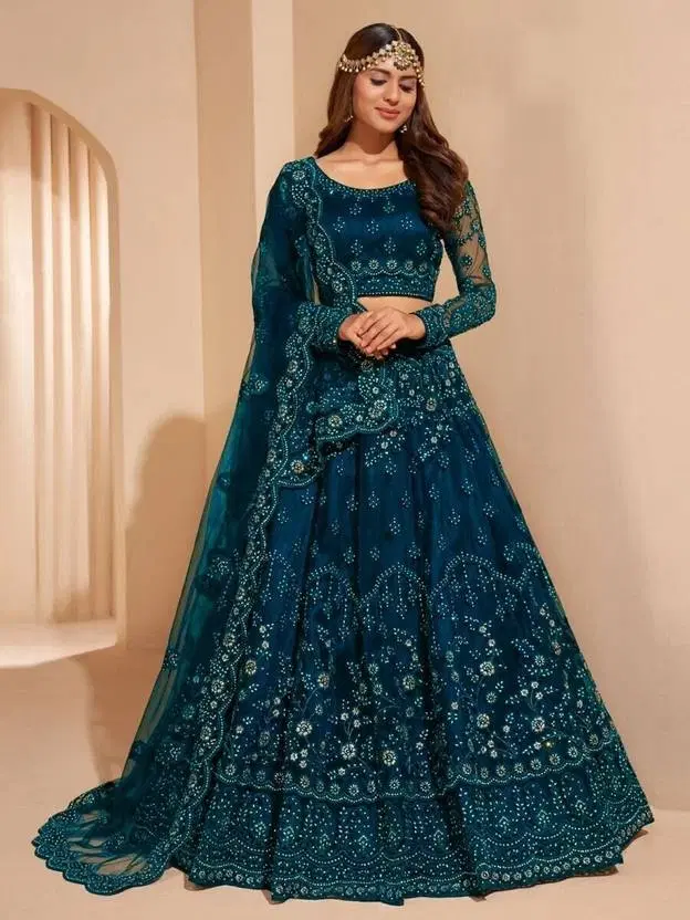 Net Embroidered Semi Stitched Lehenga Choli with Dupatta for Women, Blue