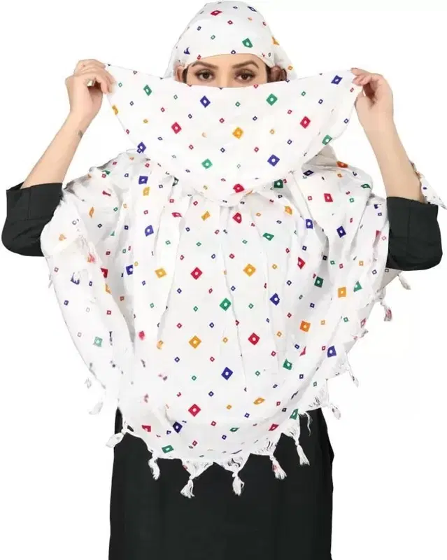 Dots Printed Cotton Women White Scarf, White