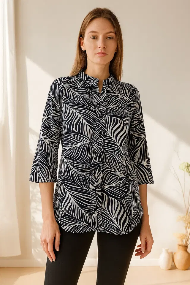 Women's Tropical Print Regular Sleeve Mandarin Collar Top, Black (L)