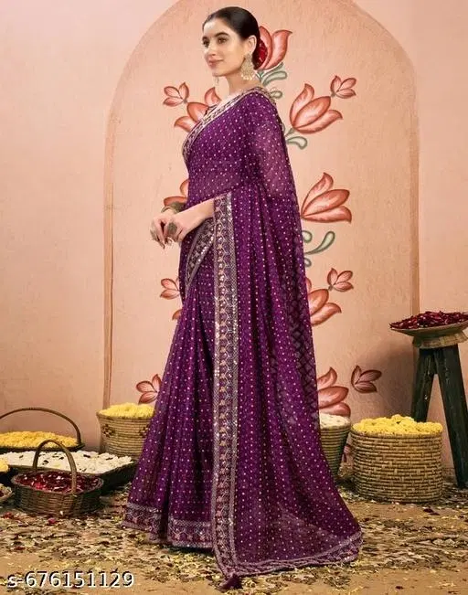Chiffon Solid Saree For Women, Purple