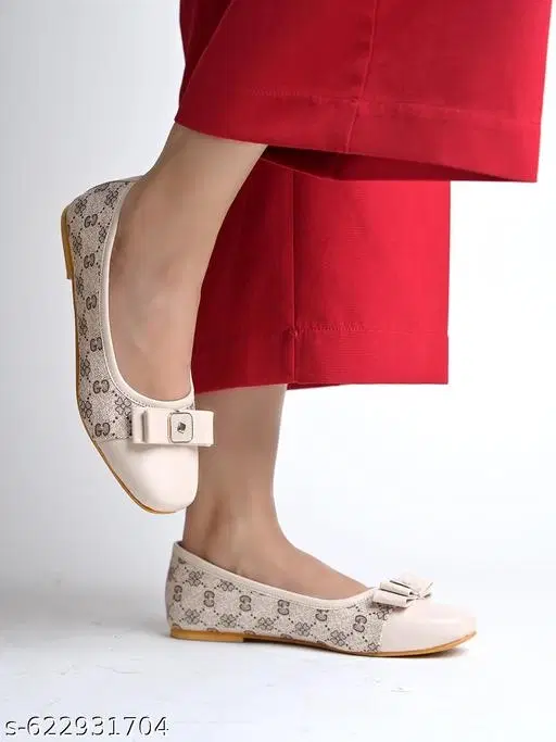 Printed Synthetic Ballerinas for Women (Cream, IND-3)