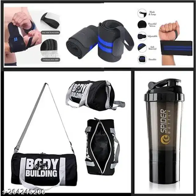 Combo of Gym Bag with Shaker Bottle, 600 ml, Wrist Support Bands, Multicolor, Set of 3