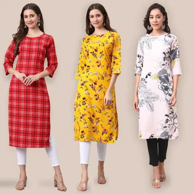 Women Crepe Printed Kurta, Pack Of 3 (Multicolor, S) (SD-139)