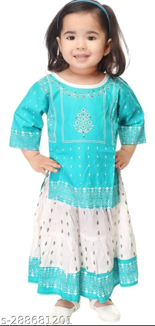 Rayon Kurta Set for Girls (Sky Blue & White, 0-3 Months)