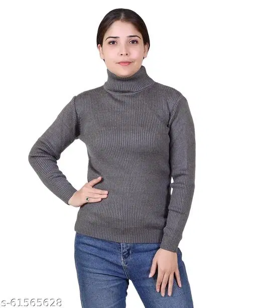 Hi-Neck Sweater for Women (Dark Grey, M)
