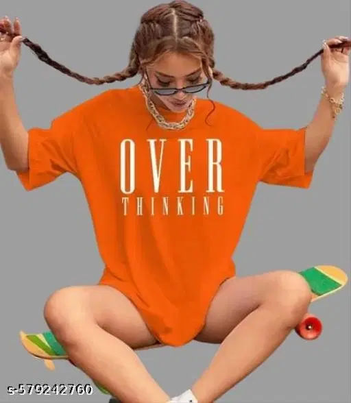 Cotton Blend Printed T-Shirt for Women, Orange (XS)