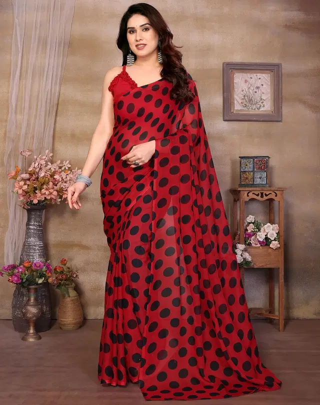 Georgette Saree for Women, Polka Dot (Red, Free Size)