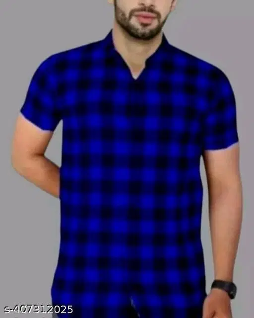 Cotton Blend Checked Shirt for Men, Blue (M)