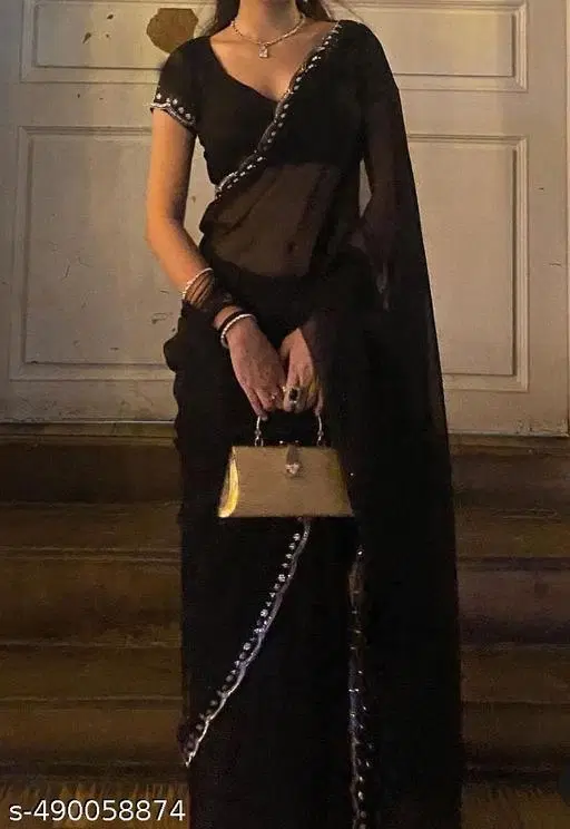 Georgette Embellished Saree For Women, Black