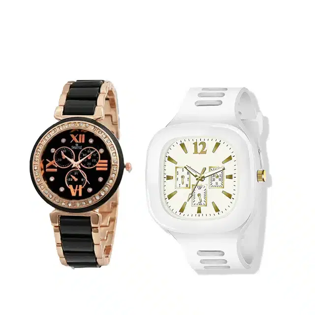 Analog Watch for Men & Women, Pack of 2 (Black & White)