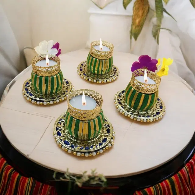 Metal Designer Tealight Candle Holder, Green, 8x8x6 cm, Pack of 4