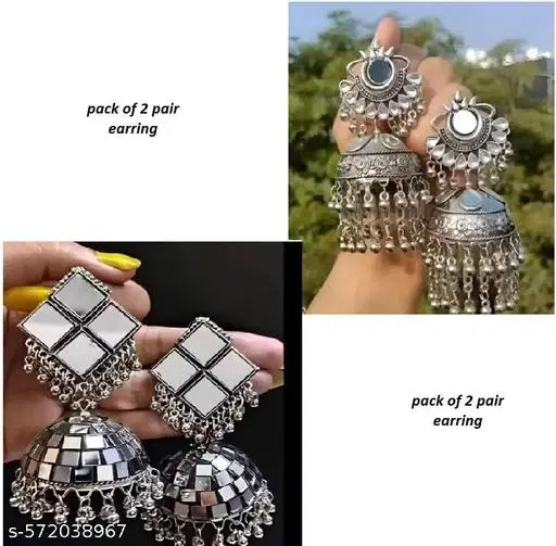 Latest trending combo of 2 mirror silver oxidized jhumka earrings