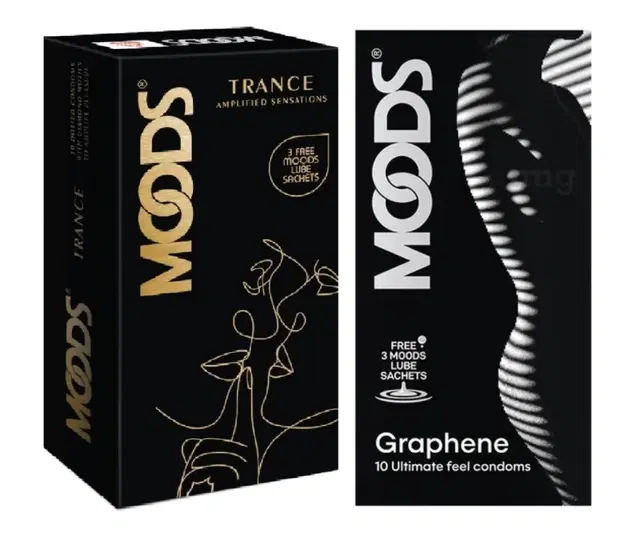 Combo of Moods 10 Pcs Graphene & 10 Pcs Trance Amplified Sensations Condoms with 3 Pcs Free Lube Sachets, Set of 2