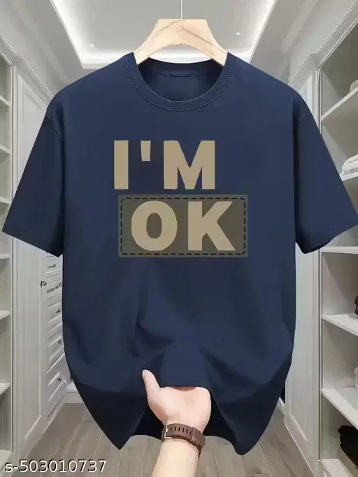 Polyester Printed Round Neck T-shirt for Men, Navy Blue (XL)