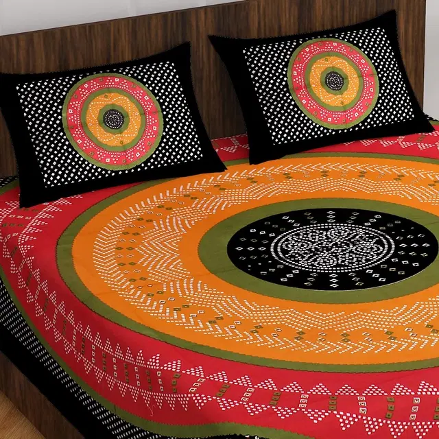 Cotton Rajasthani Jaipuri Double Bedsheet with 2 Pillow Covers Multicolor, 90x100 inches