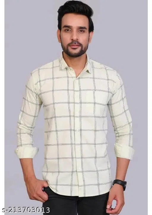 Cotton Blend Checked Shirt for Men, Cream (XL) Pack of 1