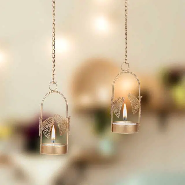 Hanging Butterfly Tealight Holder For Diwali Home Decoration, Golden, 15 X 1.5 X 15 Inches, Pack Of 2, Du-034