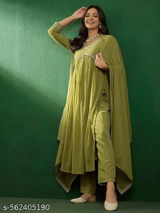 High-Slit Kurta Set for Women (Green, S)
