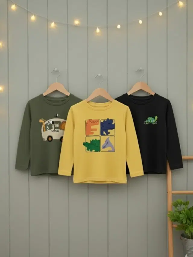 Cotton Printed T-Shirt For Kids, Multicolour, 2-3 Years, Pack Of 3