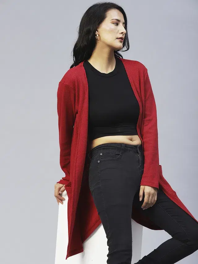 Women's Front Open Long Shrug (Maroon, Free Size)