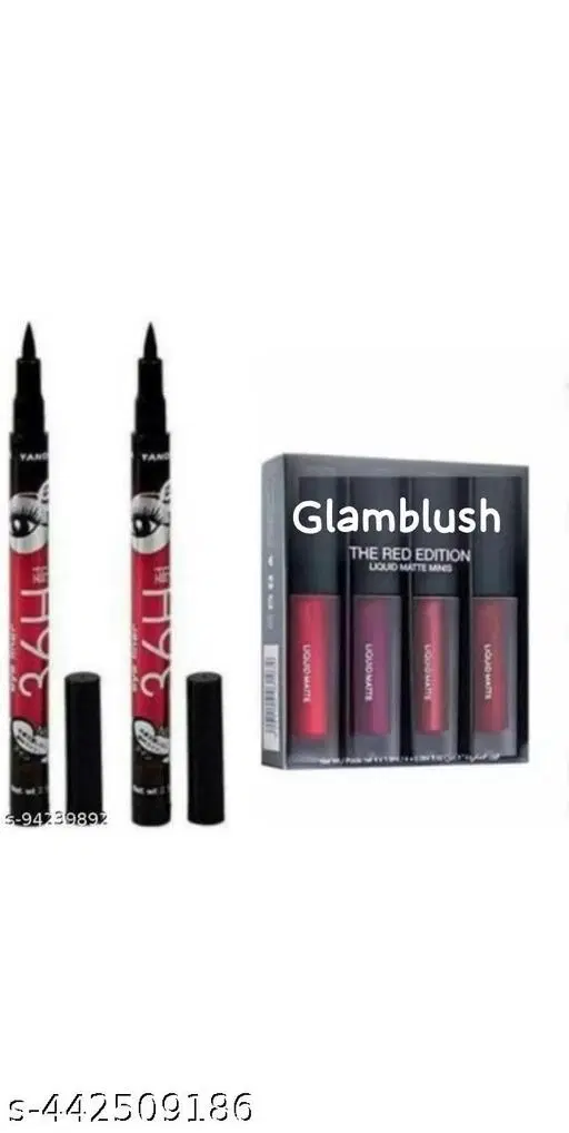 4 Pcs Liquid Lipstick with 2 Pcs 36H Eyeliner, Multicolor, Set of 2