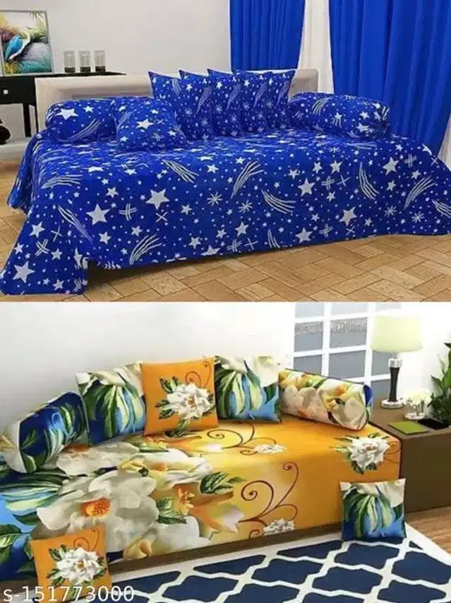 Polycotton Diwan Cover Set, Multicolor, Combo of 2