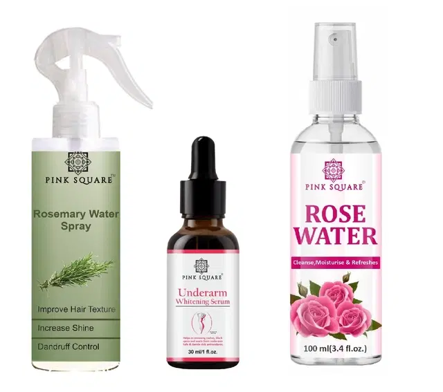 Pink Square Rosemary Hair Spray, 100 ml with Underarm Whitening Serum, 30 ml & Rose Water, 100 ml, Set of 3