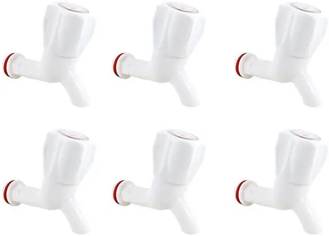 Plastic Short Body Bib Cock Tap with Wall Flange, White, Set of 6